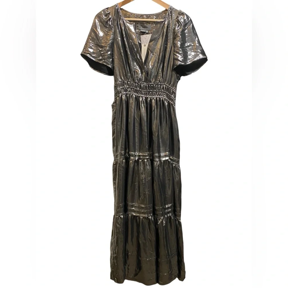 NWT By Anthropologie Somerset Metallic Silver Foil Flutter Sleeve Maxi Dress